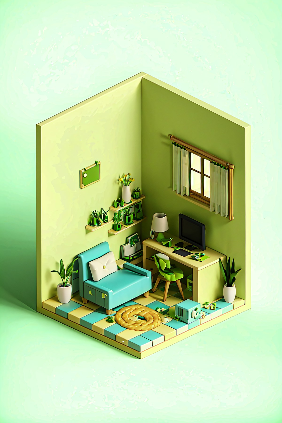 masterpiece, best quality, no humans,<lora:WeiS:1>room,plants,green theme,